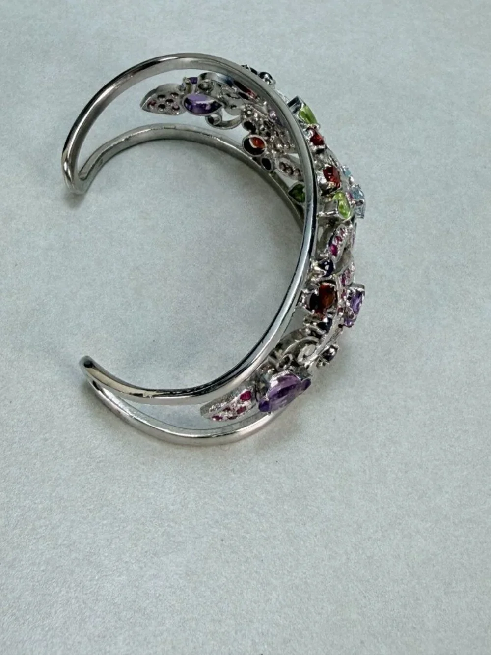 Vintage Rhodium Plated Multi Gemstone Floral Cuff Bracelet Open Bangle Statement